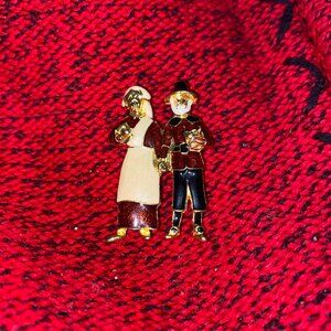 Vintage Enamel Thanksgiving Pilgrims Pin Brooch